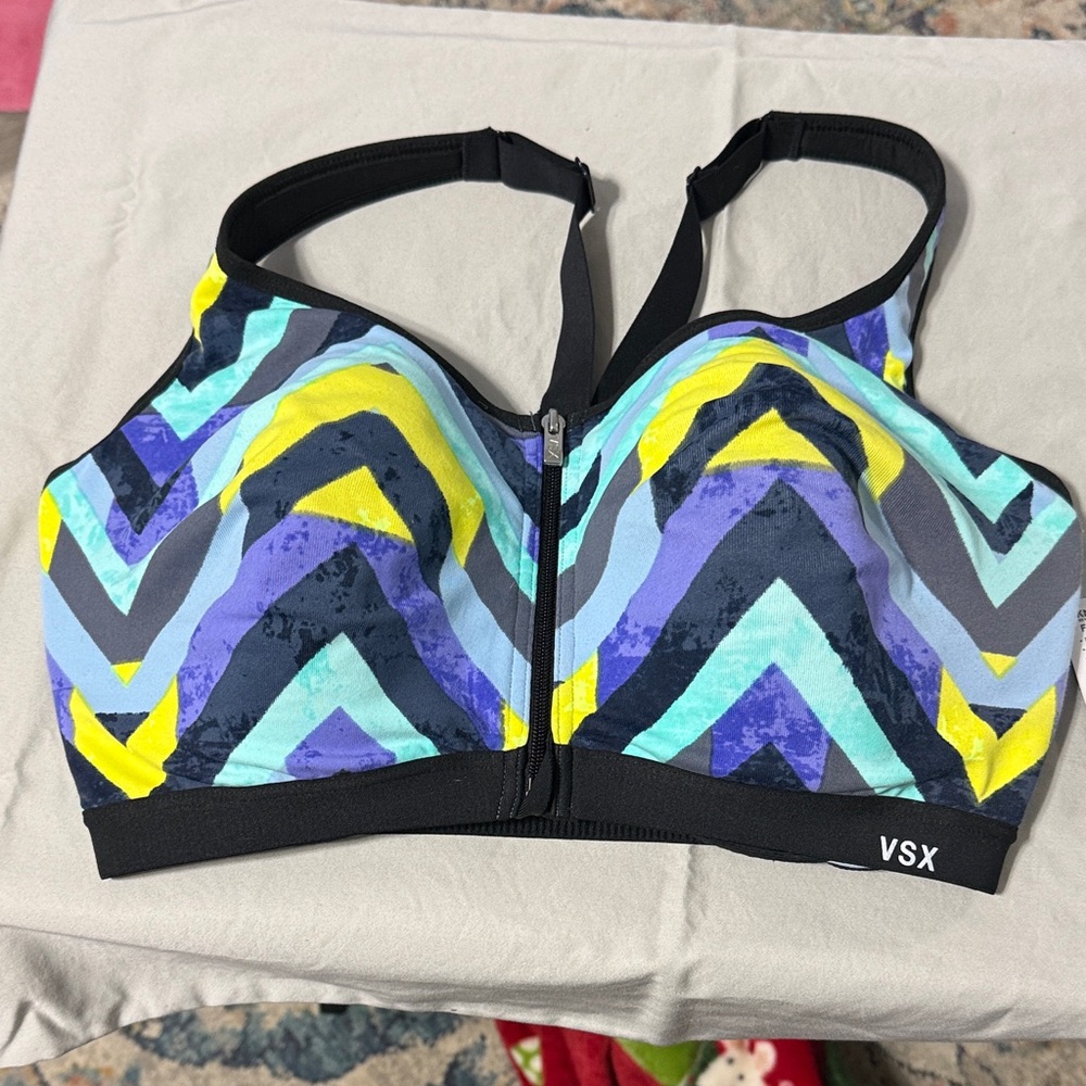 VSX Chevron Front-Zip Sports Bra in Black, Blue, Yellow, Purple, Aqua
